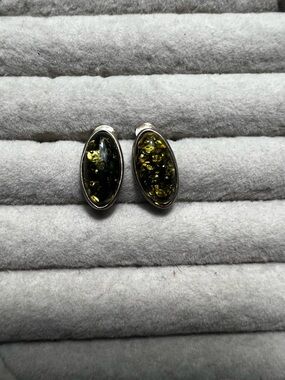 Sterling Silver Olive Green Amber Oval Stud Earrings